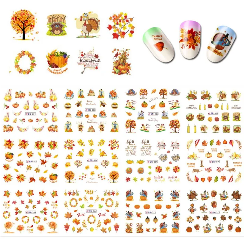 12 Designs In One Set Thanksgiving Nail Sticker Water Transfer Nail Art Decal Yellow Leaf Turkey Designs Decorations BN361-372
12 Designs In One Set Thanksgiving Nail Sticker Water Transfer Nail Art Decal Yellow Leaf Turkey Designs Decorations BN361-372