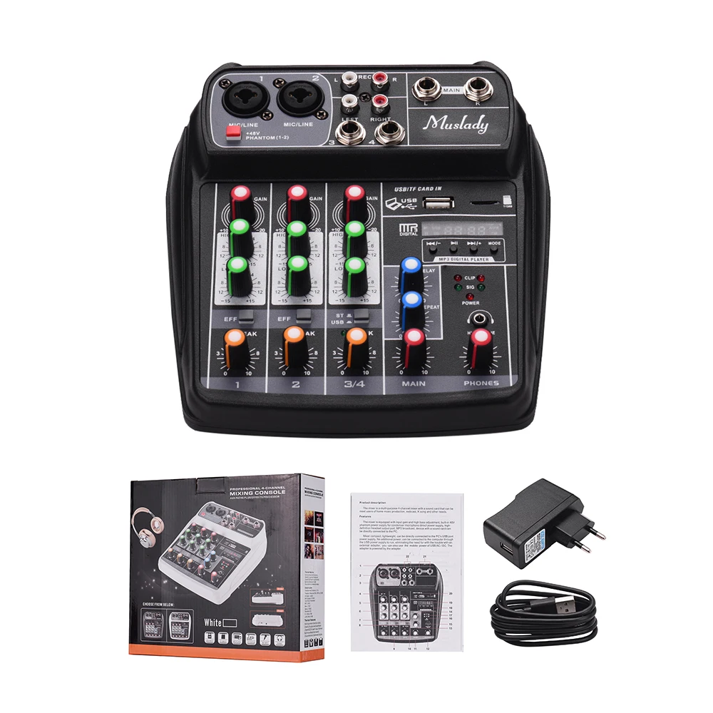 Muslady AI-4 Compact Sound Card 4-Channel Mixing Console Digital Audio Mixer BT MP3 USB Input +48V Power for Music Recording
Muslady AI-4 Compact Sound Card 4-Channel Mixing Console Digital Audio Mixer BT MP3 USB Input +48V Power for Music Recording