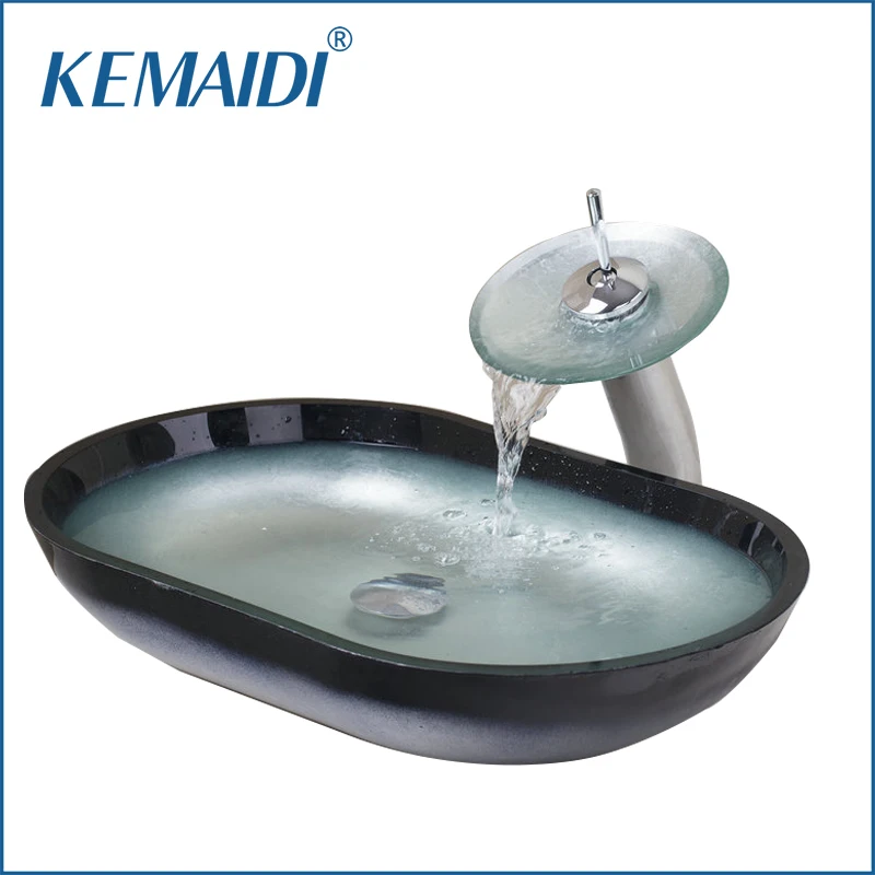

KEMAIDI Hand Painted Mandarin Bathroom Tempered Glass Vessel Basin Sink Faucet Set Lavatory Bath Brass Set Faucet Mixers & Taps