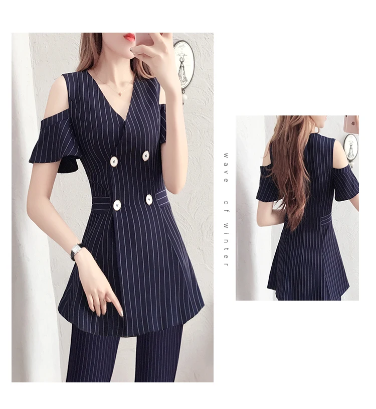 Fashion striped casual suit female summer New high-end leaking shoulder striped shirt + small feet pants two-piece suit women
Fashion striped casual suit female summer New high-end leaking shoulder striped shirt + small feet pants two-piece suit women