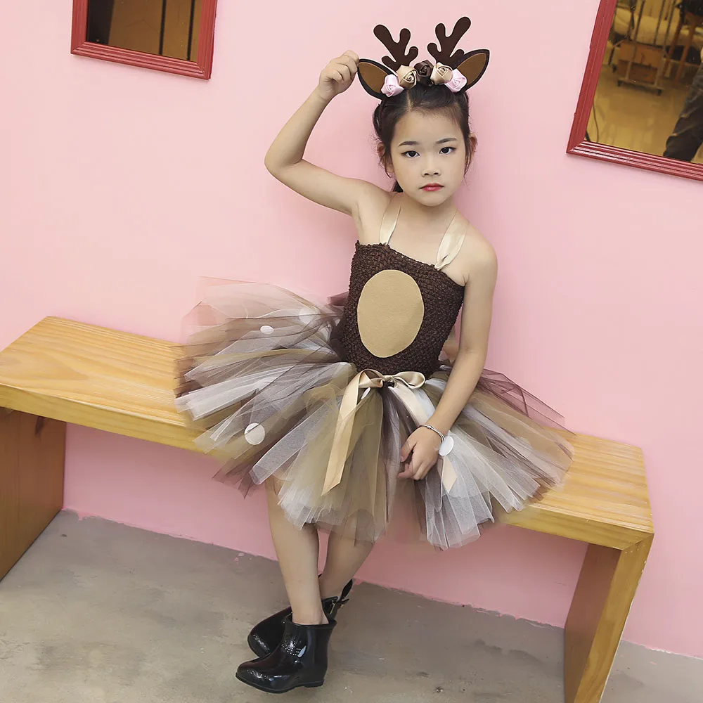 

Deer Tutu Dress Happy Purim Baby Girls 1st Birthday Party Dresses Carnival Halloween Winter Cosplay Costume Clothes For Kids