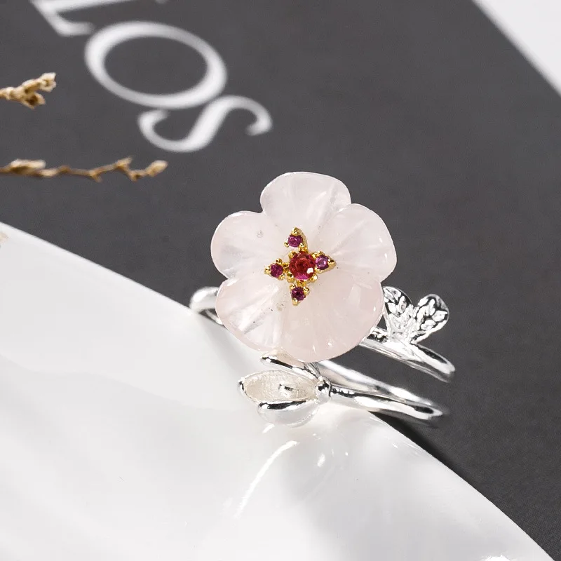 S925 pure silver inlaid natural powder crystal plum blossom fresh and sweet women's opening ring ring wholesale
S925 pure silver inlaid natural powder crystal plum blossom fresh and sweet women's opening ring ring wholesale