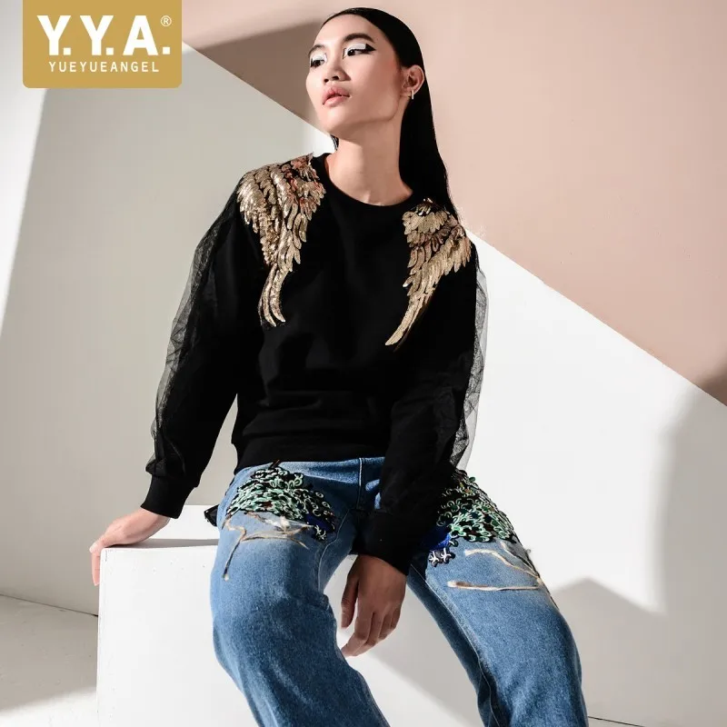 Chic Sequined Angel Wings Pullover Long Sleeve Women Sweatshirt Mesh Patchwork Fashion O Neck Punk Loose Casual Female T-Shirts
Chic Sequined Angel Wings Pullover Long Sleeve Women Sweatshirt Mesh Patchwork Fashion O Neck Punk Loose Casual Female T-Shirts