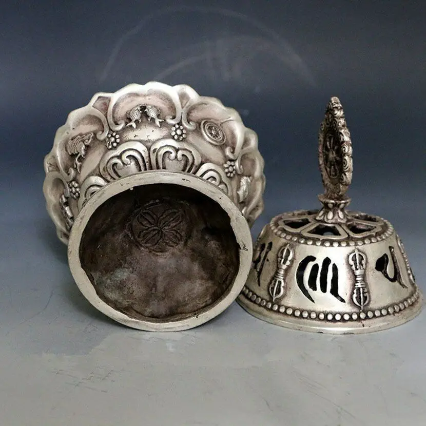 17 Cm Superb Silver Copper Hand-carved Incense Burner Censer Hollow Out Furnace Cover Lid Statue
