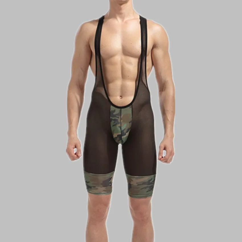 Mens Bodysuit 2017 Sexy Fashion See Camouflage Soft Breathable Underwear Transparent Shorts Bodysuits Boxers Wrestling Suits Men |