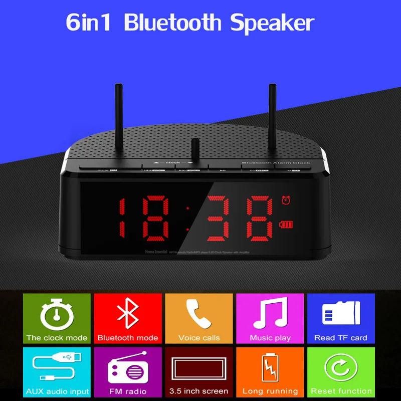 Беспроводной FM радиоприемник 6 в 1 Bluetooth колонка Настольный будильник с большим