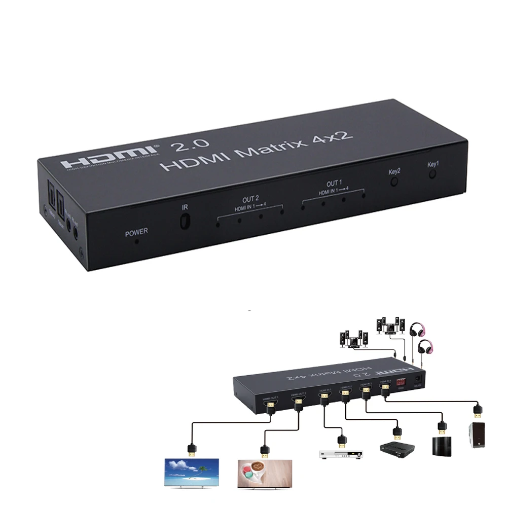 HDMI-Compatible Matrix 4x2 2.0 4K 60Hz HD EDID Switch Splitter Matrix Support Dual Audio out by Optical and Stereo 2.0/3D/4K
HDMI-Compatible Matrix 4x2 2.0 4K 60Hz HD EDID Switch Splitter Matrix Support Dual Audio out by Optical and Stereo 2.0/3D/4K