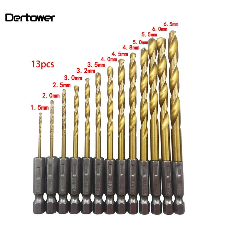 13pcs HSS Drill Bit For Metal Titanium Coated Twist Drill Set 1.5 ~ 6.5mm with 1/4" Hex Shank Hex Screw Woodworking DT6
13pcs HSS Drill Bit For Metal Titanium Coated Twist Drill Set 1.5 ~ 6.5mm with 1/4" Hex Shank Hex Screw Woodworking DT6