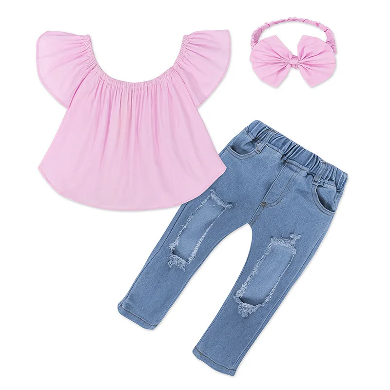 New Girls Fashion Suit Summer pink Word Shoulder T-shirt + hole Denim Shorts bowknot hairband Children's Clothing Set | Мать и