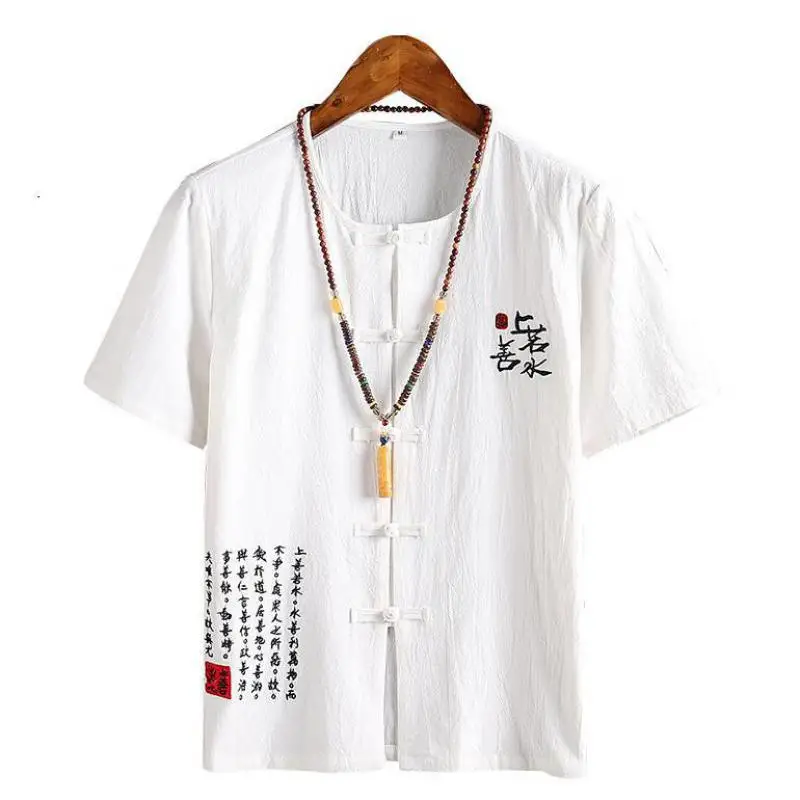 Винтажная льняная рубашка без воротника с коротким рукавом 5 цветов размера плюс