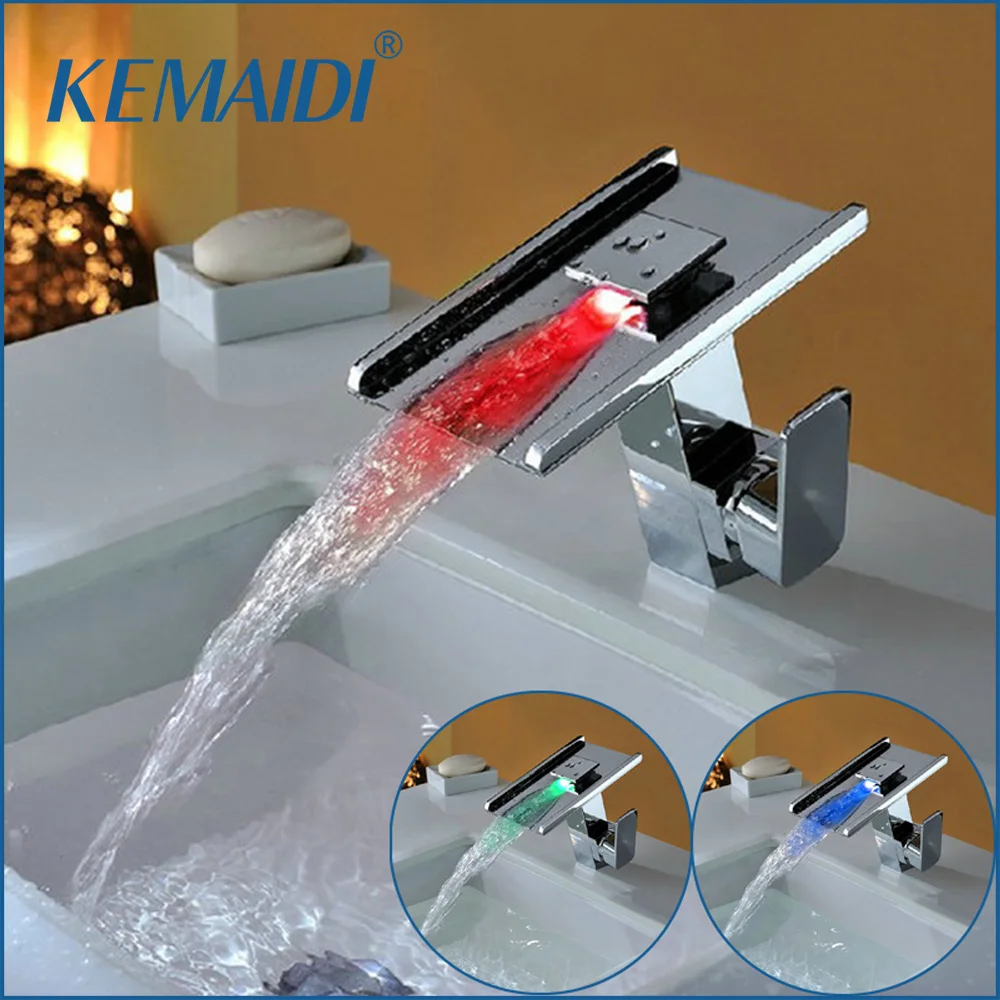 

KEMAIDI Waterfall Faucets,Mixers & Taps Water Power LED Basin Mixer Chrome Single Handle Faucet 3 Colors Change LED Tap JN6118