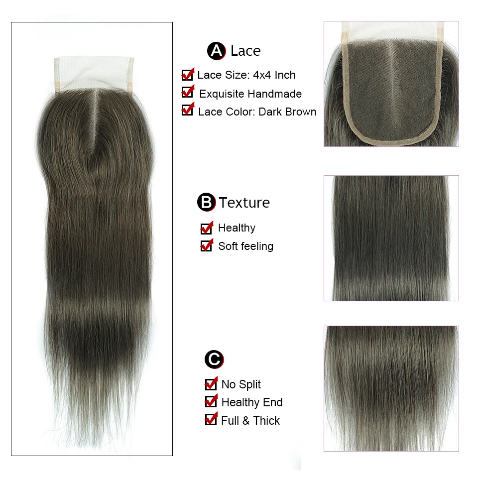 Перуанские прямые волосы 4 пучки с закрытием льняные серые цвета натуральные Weave