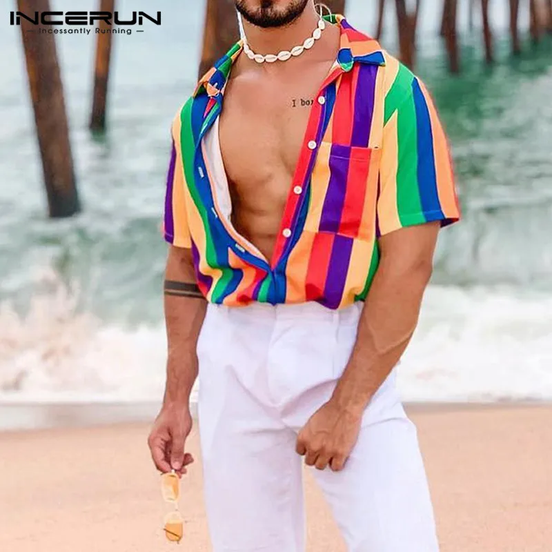 INCERUN Summer Fashion Colorful Striped Men Shirt Short Sleeve Lapel Casual Tops Loose Streetwear Hip-hop Beach Shirt Men 2021
INCERUN Summer Fashion Colorful Striped Men Shirt Short Sleeve Lapel Casual Tops Loose Streetwear Hip-hop Beach Shirt Men 2021