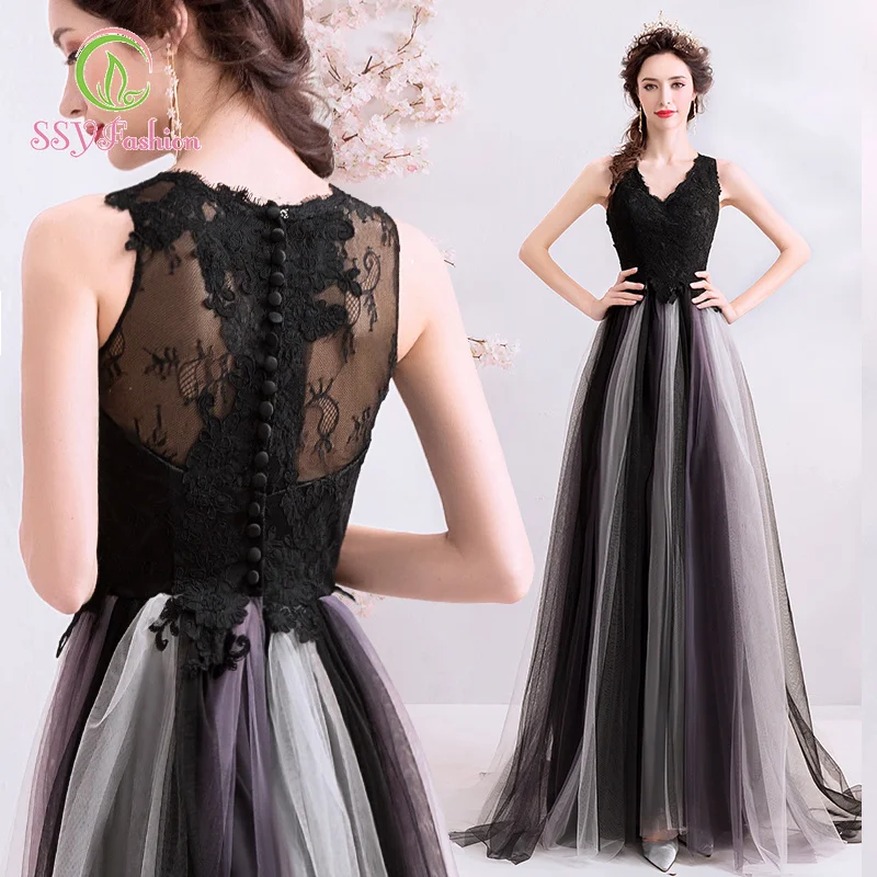 SSYfashion V-Neck Zipper Back Floor-Length Sleeveless Lace Tulle Black Evening Dress Custom Party Formal Gown Vestido De Noche
SSYfashion V-Neck Zipper Back Floor-Length Sleeveless Lace Tulle Black Evening Dress Custom Party Formal Gown Vestido De Noche