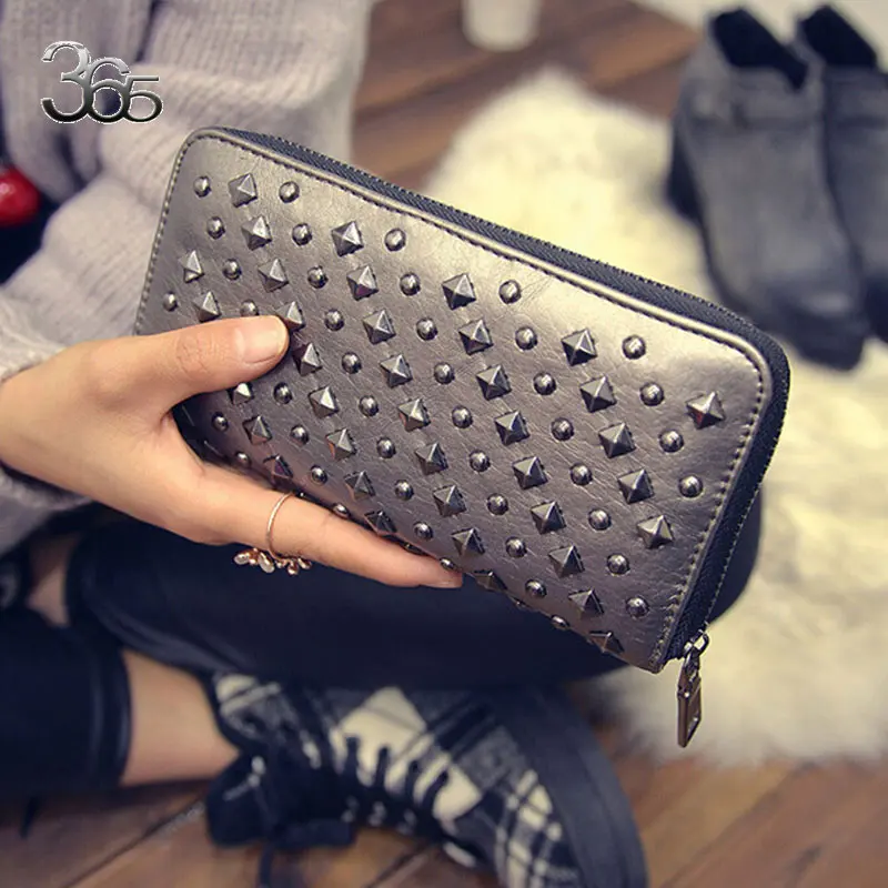 Free Shipping Black / Champagne Color Vintage Women Long Purse Rivet Leather Zipper Phone Clutch PU Wallets | Багаж и сумки