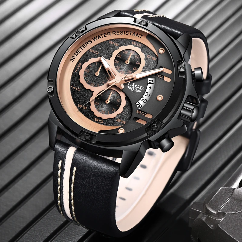 2019 New Watches Men Luxury Brand LIGE Chronograph Sports Men's Waterproof Leather Quartz Analog Clock Relogio Masculino | Наручные