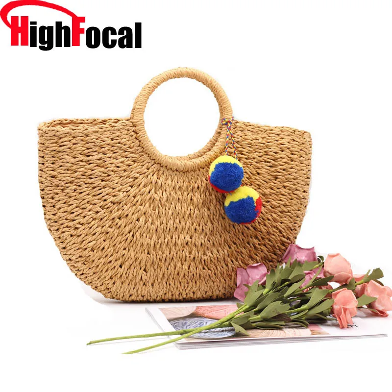 

2019 Fashion Summer Handmade Bags Women Pompon Beach Weaving Ladies Straw Bag Wrapped Beach Bag Moon shaped Bag Drop shipping