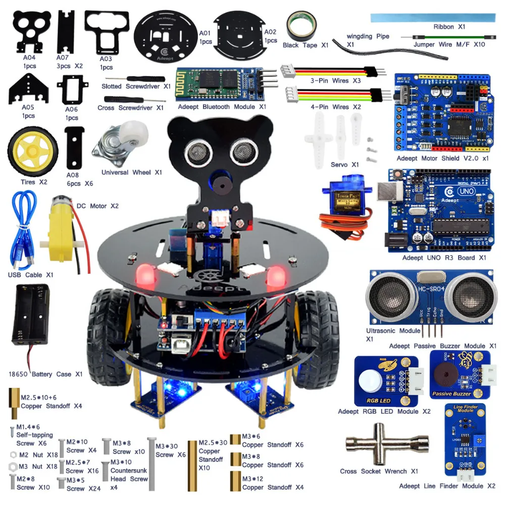 Adeept 3WD Bluetooth Smart Robot Car Kit for Arduino UNO R3 with Line Tracking Android APP Remote Control Obstacle Avoidance
Adeept 3WD Bluetooth Smart Robot Car Kit for Arduino UNO R3 with Line Tracking Android APP Remote Control Obstacle Avoidance