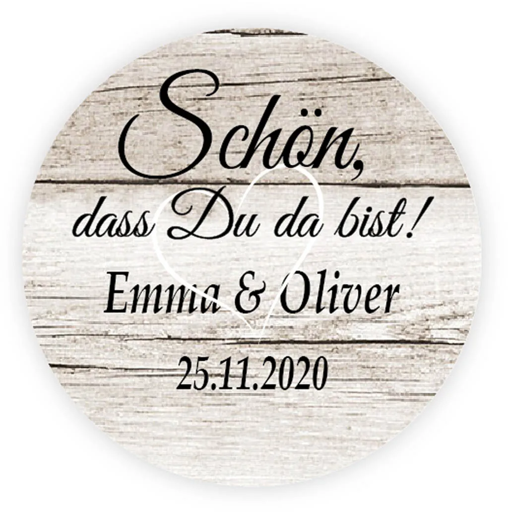 DouxArt 100 pcs Custom Personalized, Wedding Stickers - Schon dass du da bist, 40mm Wooden Wedding Baptism Event Labels P076
DouxArt 100 pcs Custom Personalized, Wedding Stickers - Schon dass du da bist, 40mm Wooden Wedding Baptism Event Labels P076