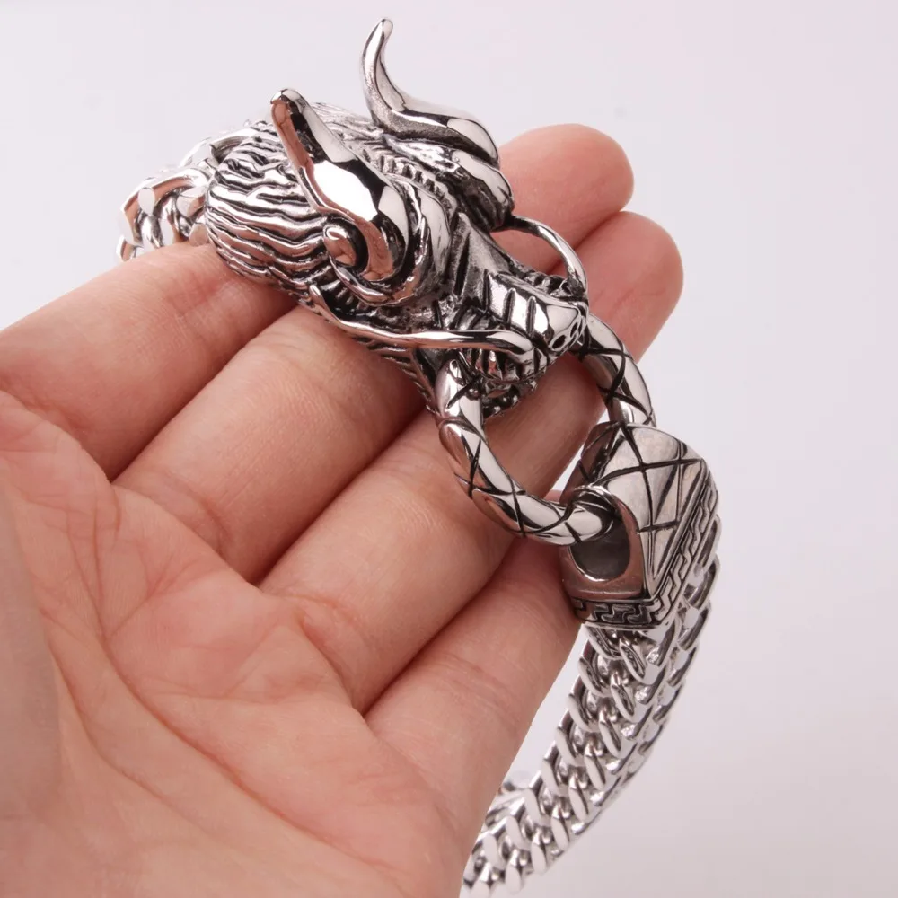 Fashion Men's Boy's Casting Cuff Bangle Bracelets Jewelry Stainless Steel Silver Color 3D Dragon Head Figaro Chain Punk Style |