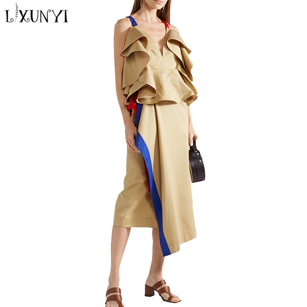 LXUNYI Newest Khaki Sexy Two Piece Set Summer 2019 Ruffles Crop Top And Skirt Women Lace Up V Neck Patchwork Female Sets Costume |