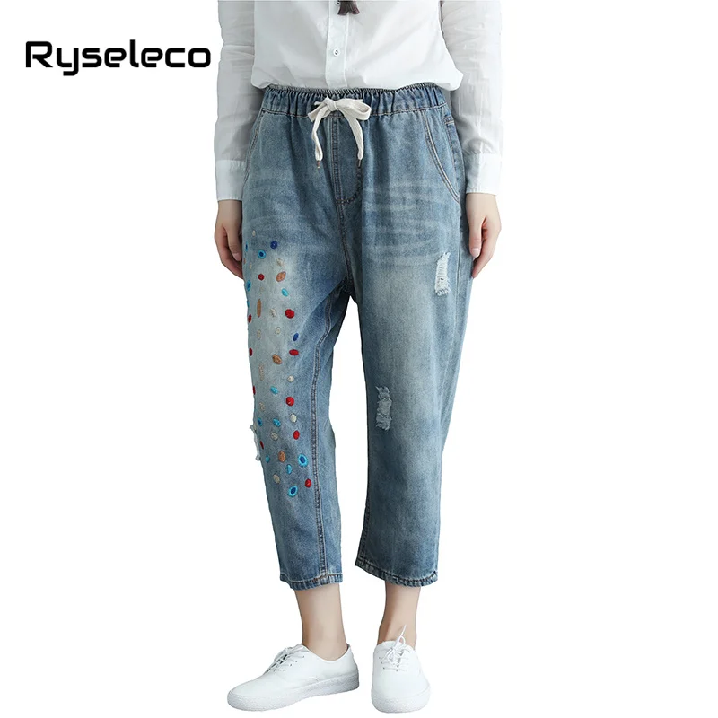 

Autumn Women Super Large 3XL Plus size Jeans European Style Dot Embroidery Ripped Holes Elastic Ties Waist Denim Trousers Pants