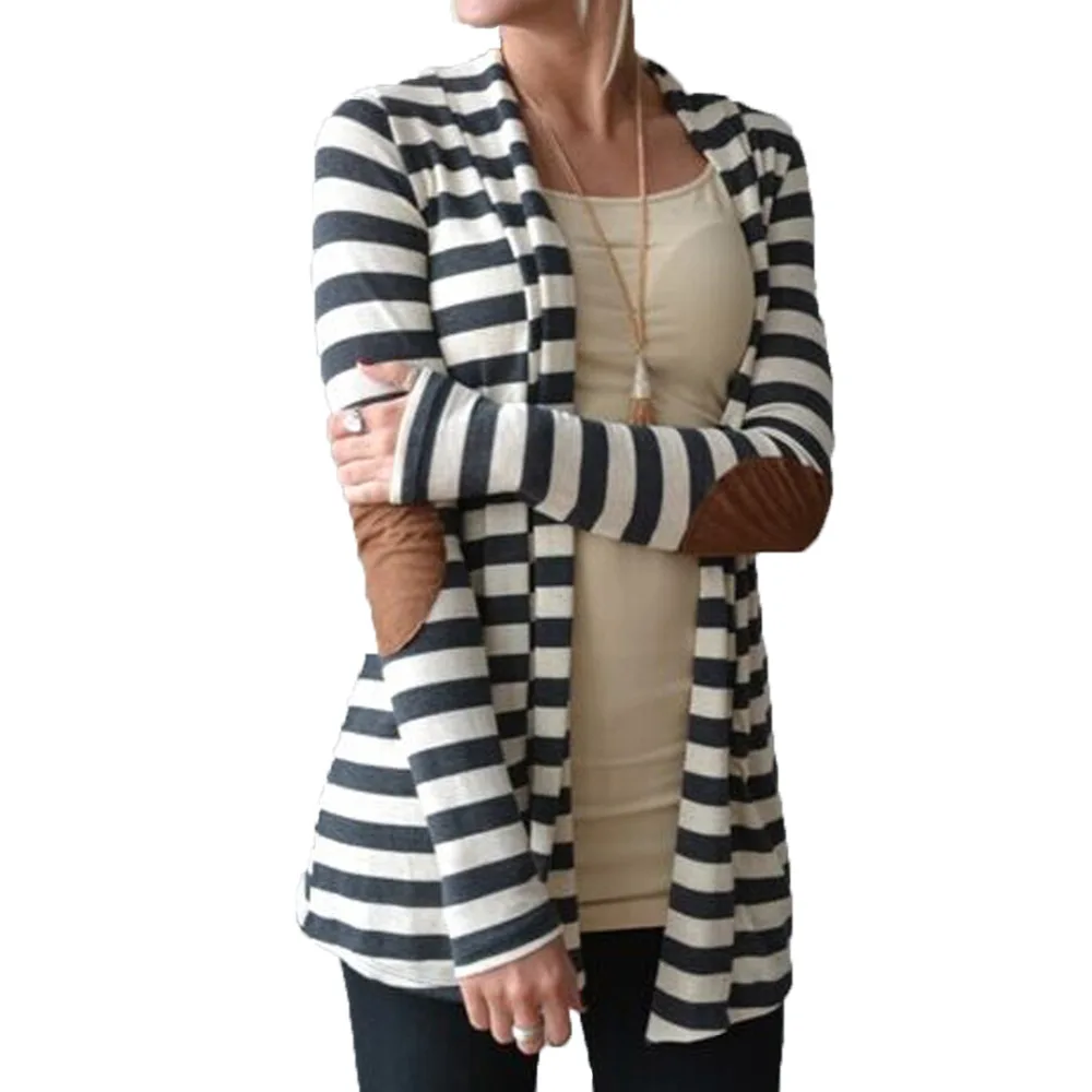 

New 2019 Striped Cardigans women Autumn Casual Long Sleeve Female Knitted Cotton Sweater Ladies Elbow Patchwork Top Coat