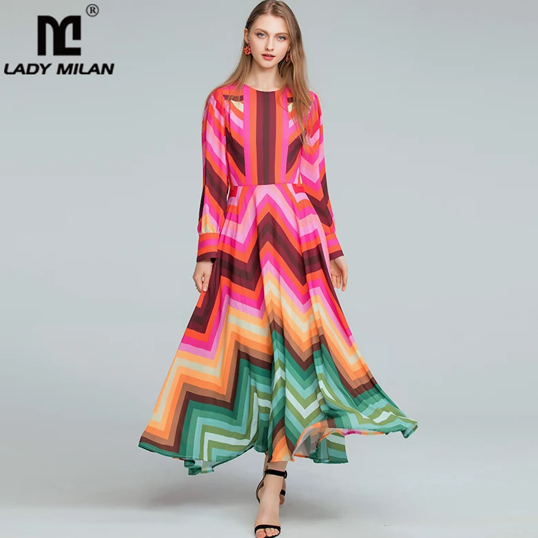 Women's Runway Designer Dresses O Neck Long Sleeves Rainbows Striped Printed Elegant Maxi Casual Dresses
Women's Runway Designer Dresses O Neck Long Sleeves Rainbows Striped Printed Elegant Maxi Casual Dresses
