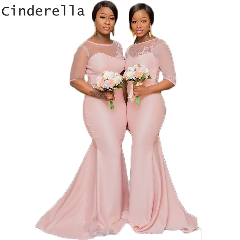 Cinderella Pink Scoop Half Sleeves Court Train Satin Mermaid Lace Applique Bridesmaid Dresses Sexy Mermaid Bridesmaid Gown
Cinderella Pink Scoop Half Sleeves Court Train Satin Mermaid Lace Applique Bridesmaid Dresses Sexy Mermaid Bridesmaid Gown
