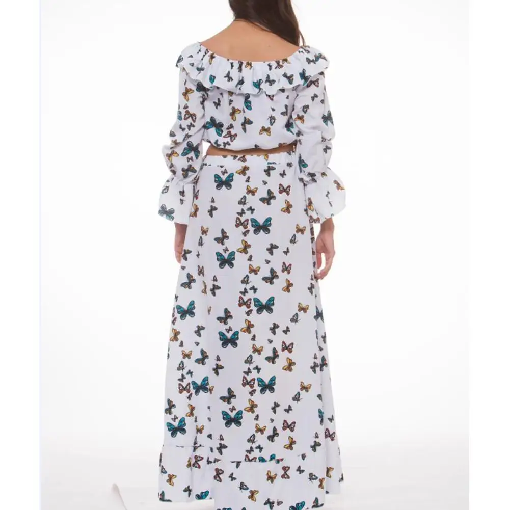 2019 New Yfashion Summer Ladies 2pcs/set Butterfly Print Bohemia Style Casual Large Hem Beach Skirt + Tops Vestidos | Женская одежда