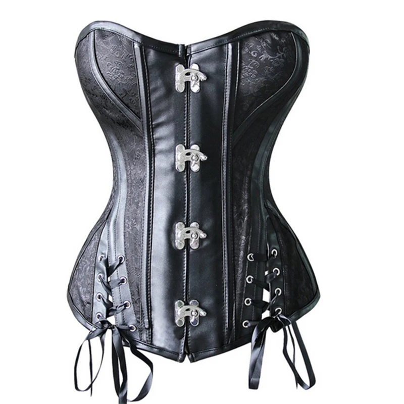 

Sexy Gothic Inspired Waist Trainer Corset Side Lace Up Spiral steel buckles Black Leather Corsets And Bustier Steampunk Cosplay