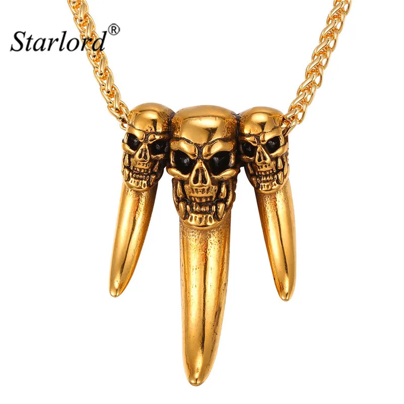 Starlord Punk Wolf Tooth Pendant Necklace Stainless Steel/Gold Color 3 Skull Head Charms Amulet Men Jewelry Wholesale GP2458
Starlord Punk Wolf Tooth Pendant Necklace Stainless Steel/Gold Color 3 Skull Head Charms Amulet Men Jewelry Wholesale GP2458