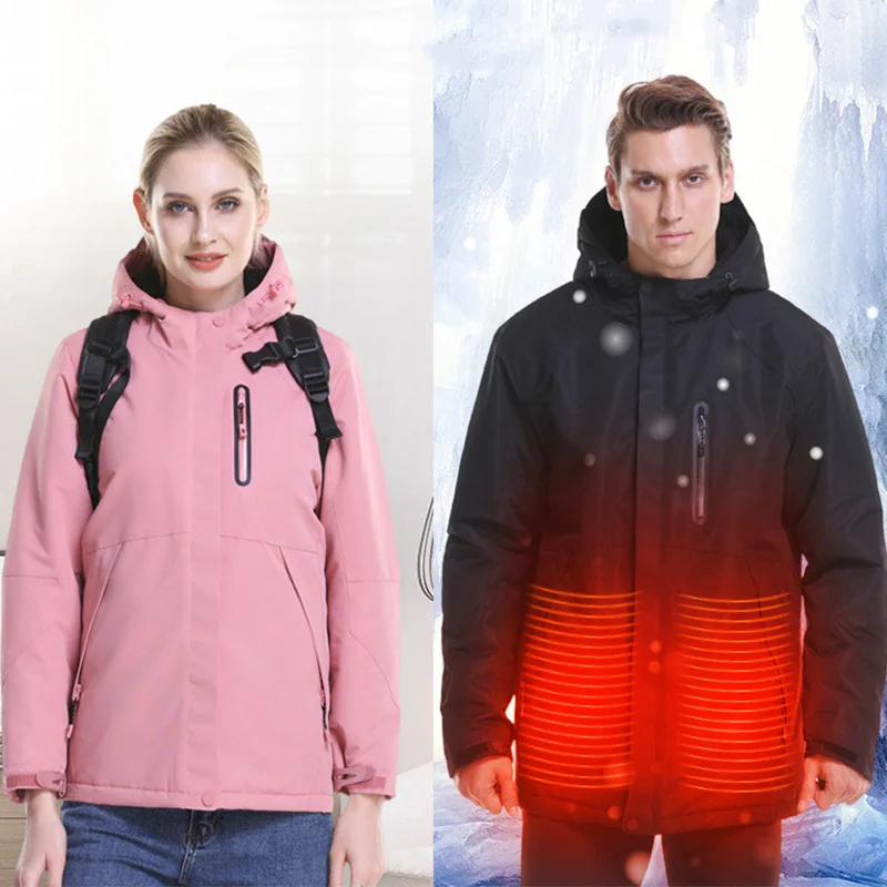 

Mens Women USB Heated Long Sleeves Outdoor Coat Heating Hooded Jacket Warm winter Thermal Skiing softshell waterproof Jacket