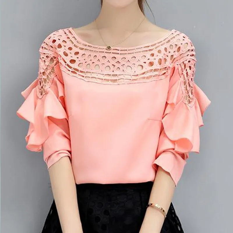 New Chiffon Blouses Shirts Women Spring Ruffle Long Sleeve Ladies Tops Hollow Out Lace Patchwork Blusas Femininas
New Chiffon Blouses Shirts Women Spring Ruffle Long Sleeve Ladies Tops Hollow Out Lace Patchwork Blusas Femininas
