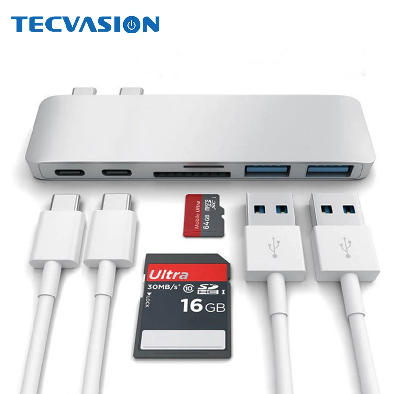 6 в 1 USB C Hub Type TF Micro SD Card Reader Type-C to USB3.0 с USB-C зарядным устройством PD для MacBook Pro 13 "15"