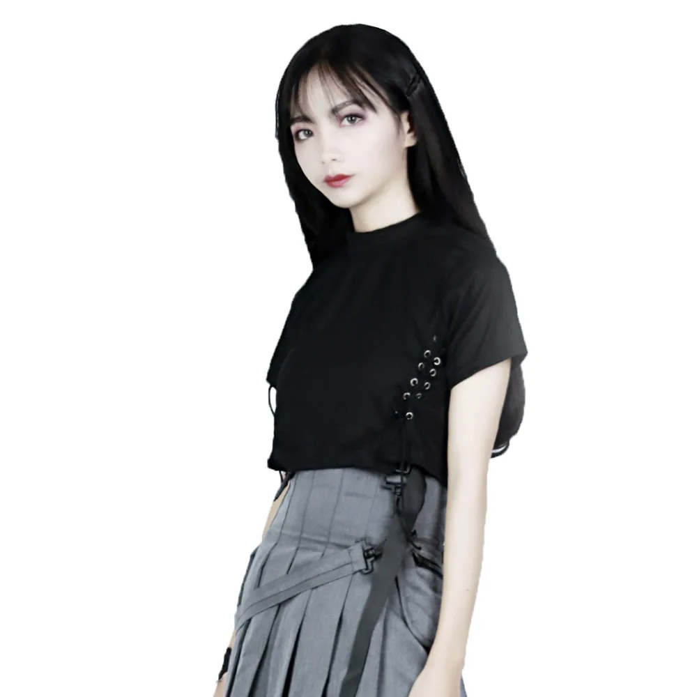 New Punk O-Neck Shirts For Women Sexy Lace Up Side T Shirts Short Sleeve Black Slim T-Shirt Tops
New Punk O-Neck Shirts For Women Sexy Lace Up Side T Shirts Short Sleeve Black Slim T-Shirt Tops