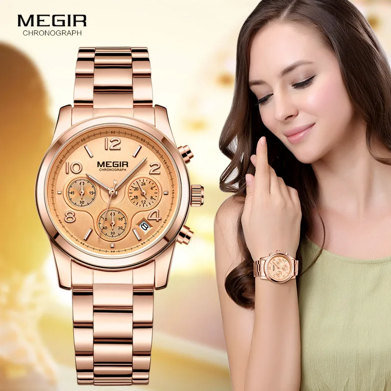 

Megir Ladies Watch Chronograph Quartz Watches Women Top Brand Luxury Rose Gold Wristwatch Relogio Feminino ас женские 2057