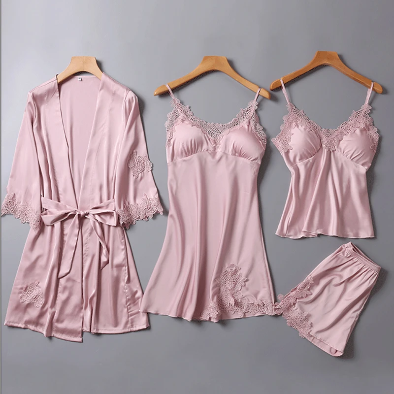 4 Pieces Women's Pajamas Set Silk Satin Autumn Summer Sexy Lace Sleepwear Loose Pajamas Set Femme Home Clothing With Chest Pads
4 Pieces Women's Pajamas Set Silk Satin Autumn Summer Sexy Lace Sleepwear Loose Pajamas Set Femme Home Clothing With Chest Pads