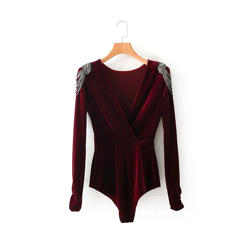 Женский винтажный боди с длинным рукавом и треугольным вырезом|long sleeve jumpsuit|sleeve