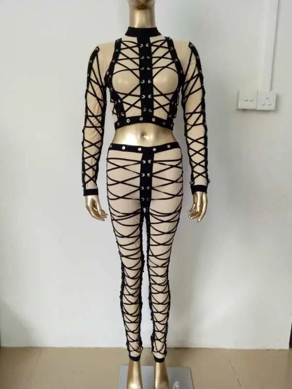 New Fashion Women Sets Nude Mesh Black Straped Short Top Long Pants Bandage Sets
New Fashion Women Sets Nude Mesh Black Straped Short Top Long Pants Bandage Sets