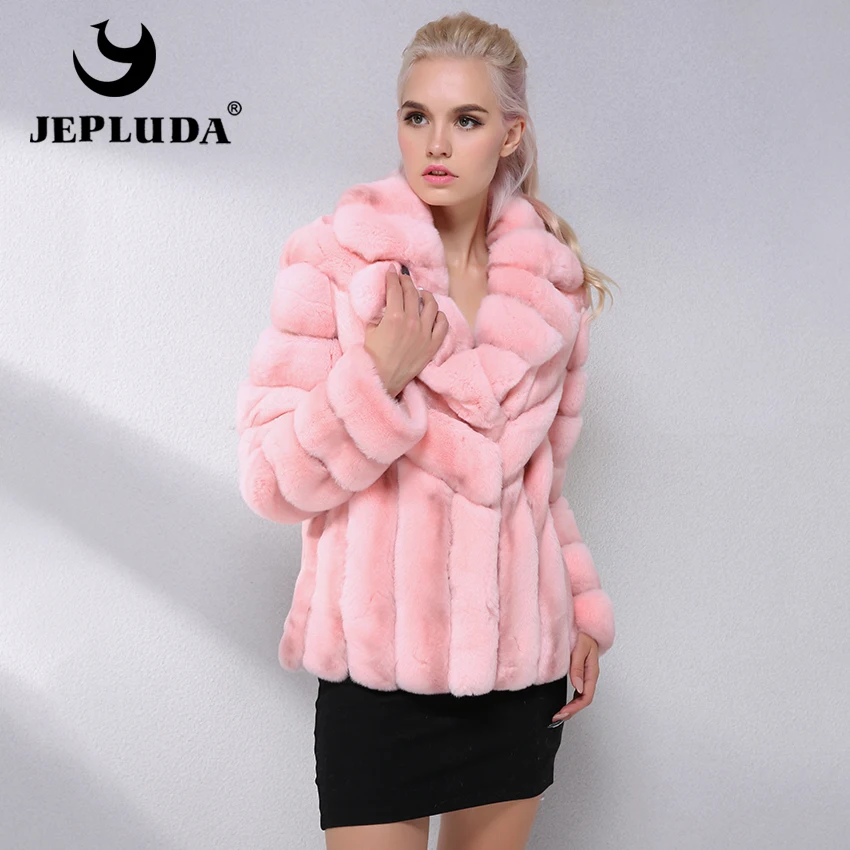 JEPLUDA Модные Теплый Короткий Шуба Натуральный Мех Кролика Rex Пальто Зимнее Женское