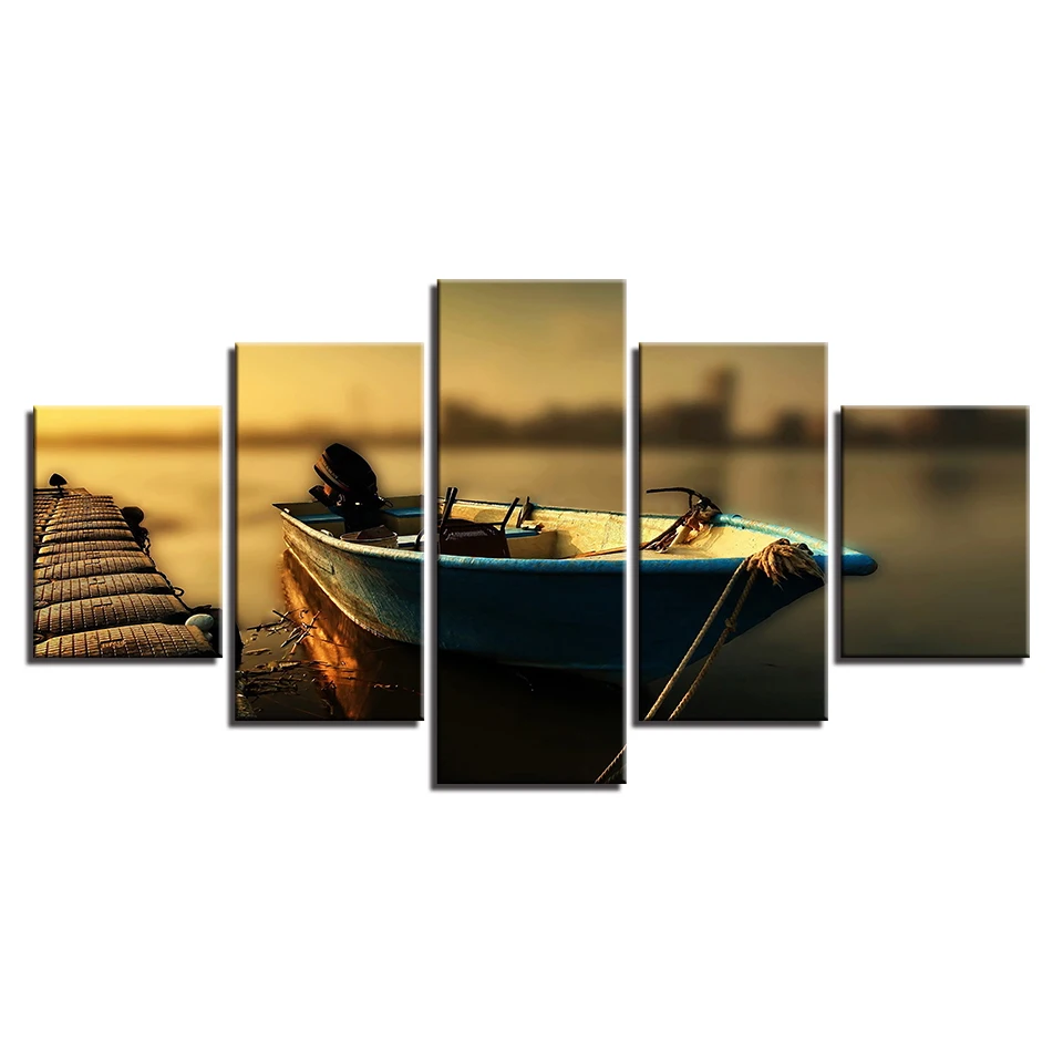 

Framed Canvas HD Prints Pictures Living Room Home Decor Poster 5 Pieces Sunset Bridge Ship Boat Seascape Paintings Wall Art