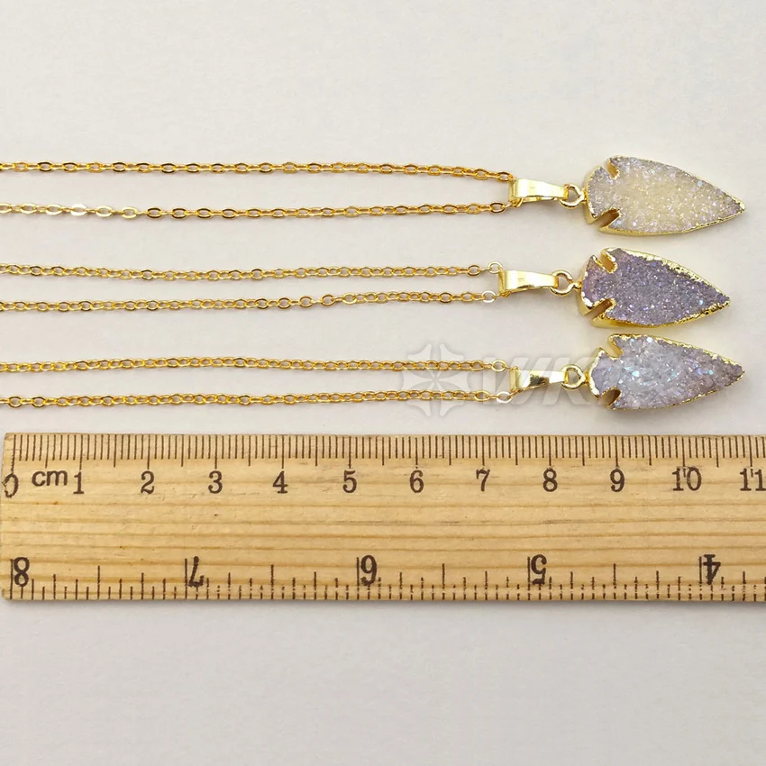 

WT-N1006 Wholesale fashion jewelry natural aura druzy necklace High quality arrow shape druzy quartz with 24k gold electroplate