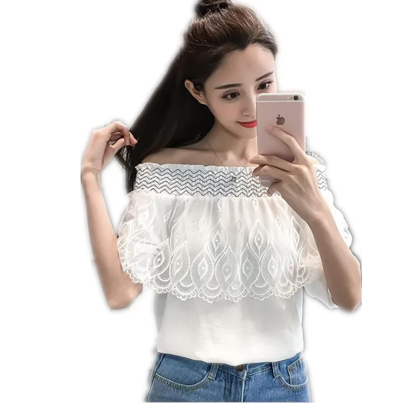 Summer Chiffon Women Blouses Patchwork Lace 2018 Sweet Sexy Slash Neck Short Sleeve Shirts Solid White Color Female Blouses Q316
Summer Chiffon Women Blouses Patchwork Lace 2018 Sweet Sexy Slash Neck Short Sleeve Shirts Solid White Color Female Blouses Q316