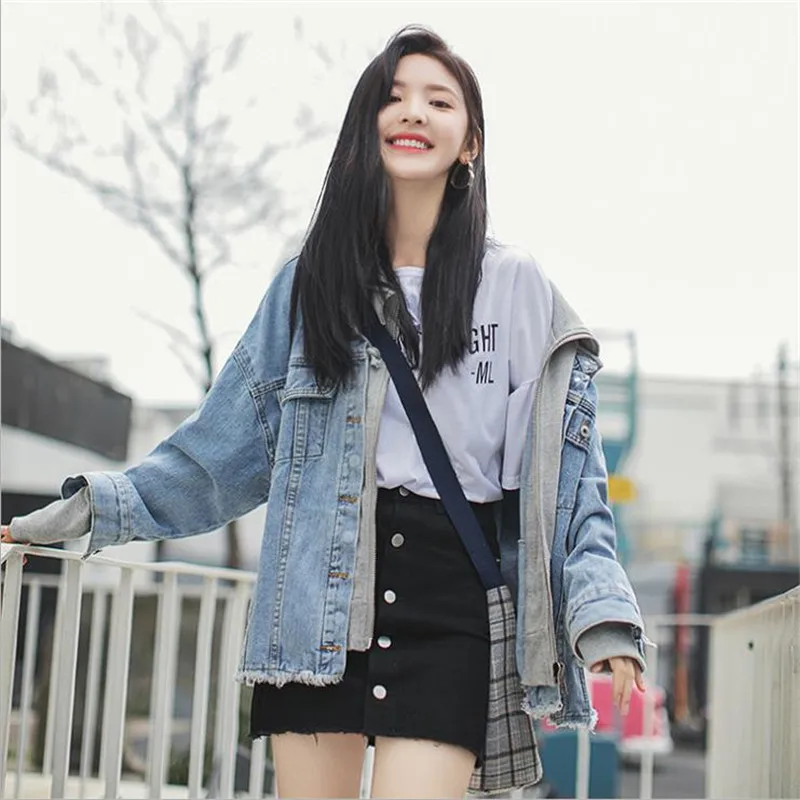 Womens Denim Jacket Hooded Oversized Blue Jeans Coat Women Loose Casual Hiphop Streetwear Patchwork Cotton Clothing D690 | Женская