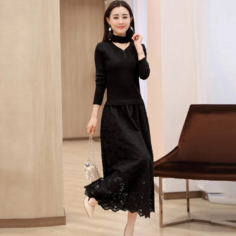 Fashion Long Sleeve Knitting Sweet Party Dresses Knitted Dresses Ladies Patchwork Lace Mid-calf A-Line Turtleneck Dress LJ2053
Fashion Long Sleeve Knitting Sweet Party Dresses Knitted Dresses Ladies Patchwork Lace Mid-calf A-Line Turtleneck Dress LJ2053