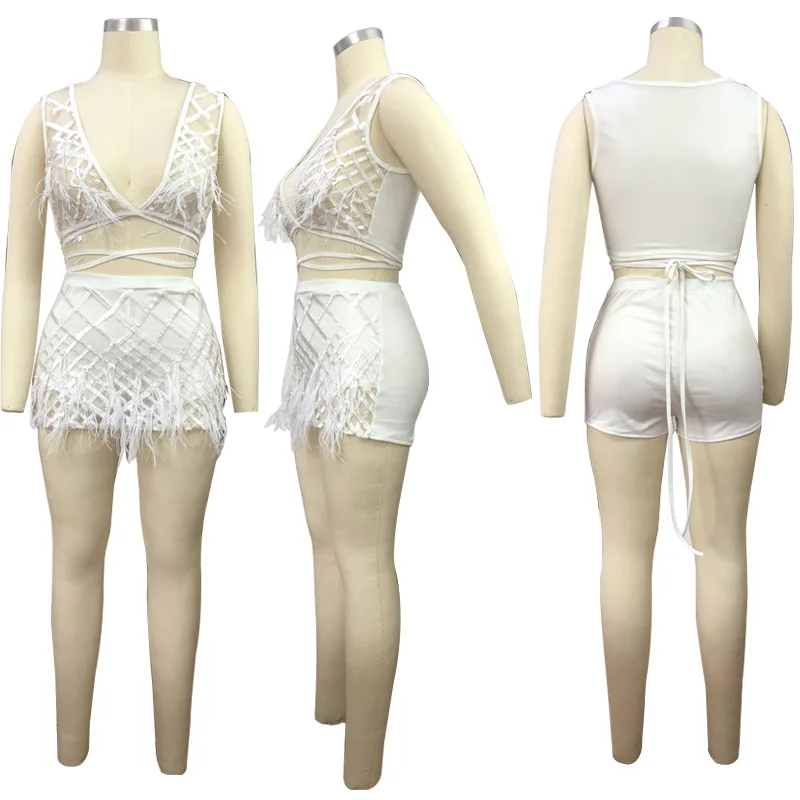 Elegant Sleeveless V Neck Feather Sequin Beads Women Top With Shorts See Through Women Suits
Elegant Sleeveless V Neck Feather Sequin Beads Women Top With Shorts See Through Women Suits