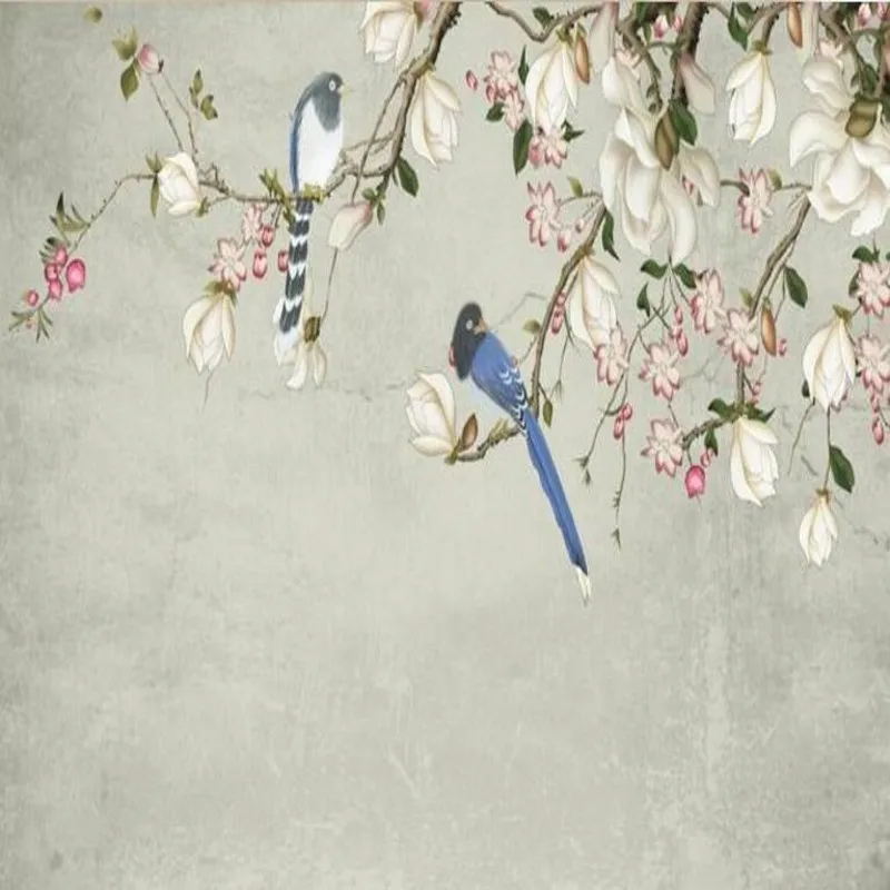 

beibehang custom wallpaper high - definition hand - painted retro magnolia flowers and birds living room bedroom TV backdrop