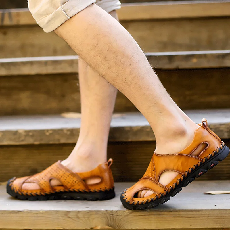 2019 Summer Men Shoes Genuine Leather Men Sandals Slip on Summer Male Shoes Flat Man Beach Sandals KA1110