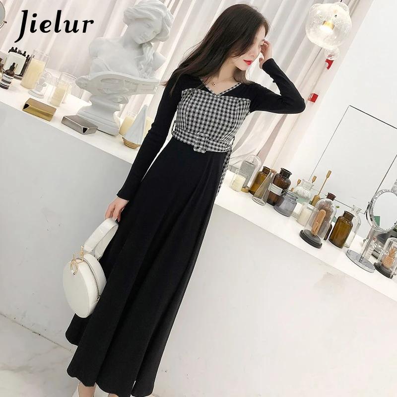Jielur New Knitted Dress V-Neck Winter Autumn Vintage Plaid Spliced Dresses For Women Chicly Elengant Skinny Korean Long
Jielur New Knitted Dress V-Neck Winter Autumn Vintage Plaid Spliced Dresses For Women Chicly Elengant Skinny Korean Long